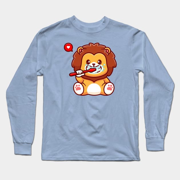 Cute Lion Brushing Teeth Cartoon Long Sleeve T-Shirt by Catalyst Labs